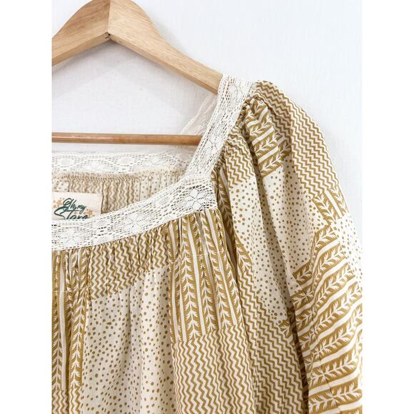 Oh My Stars Trudy Patchwork Blouse XS Mustard Yellow Square Neck Puff Sleeve - Picture 7 of 10